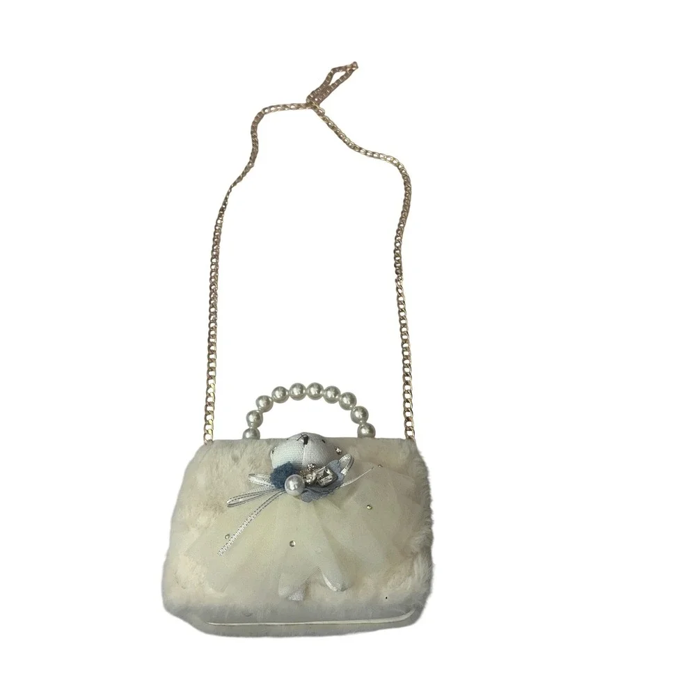 Doe a Dear Girls Faux Fur Teddy Bear Ballerina Crossbody Bag Pearl Handle Cream